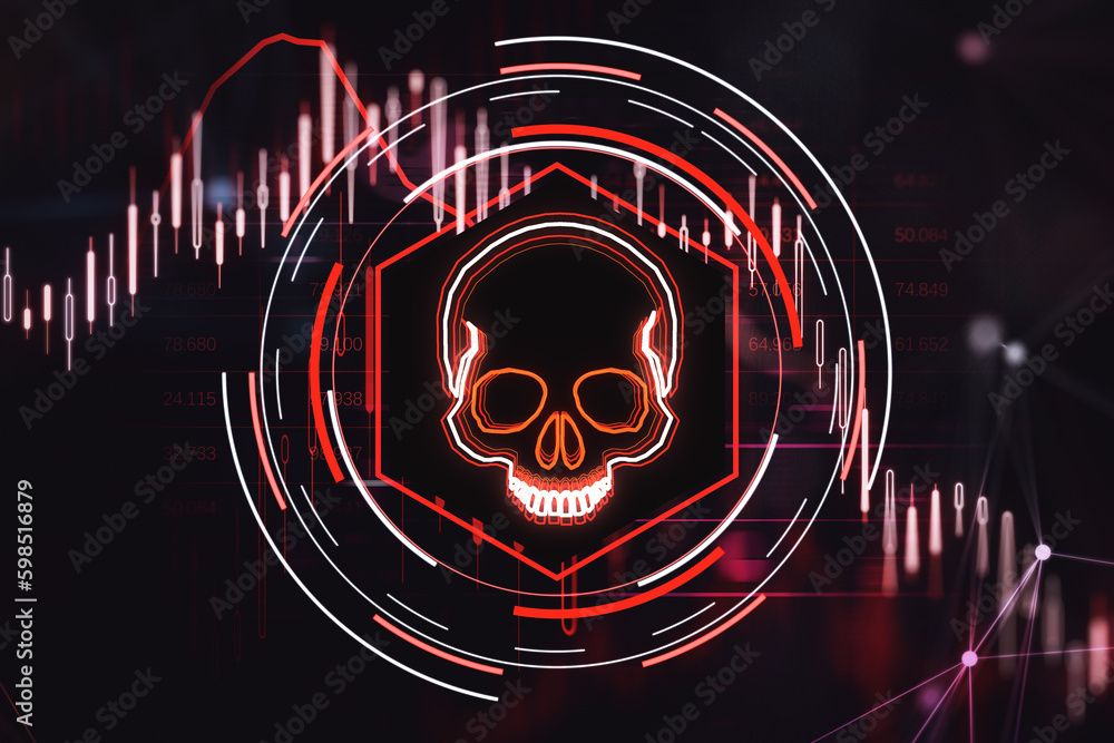 Poster Glowing red skull hologram on blurry dark background. Hacker system or cyber attack concept. Landing page. 3D Rendering.