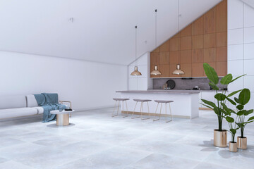 Clean white loft kitchen studio interior. Designs concept. 3D Rendering.