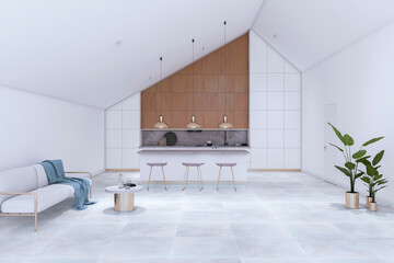 Modern white loft kitchen studio interior. Designs concept. 3D Rendering.