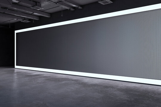 New dark grunge concrete exhibition hall interior with mock up place on walls. 3D Rendering.
