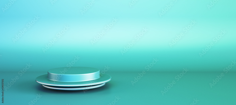 Aufkleber Abstract empty pedestal for product placement and advertisement on wide gradient blue background with mock up place. 3D Rendering.
