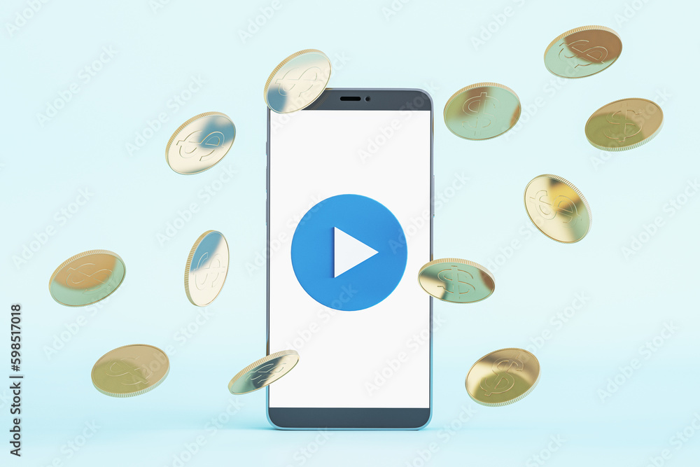 Aufkleber Abstract image of smartphone screen with play button and golden doller coins rain on light blue background. Cash back and gambling concept. 3D Rendering.