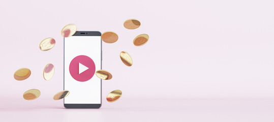 Abstract image of cellphone screen with play button and golden doller coins rain on light wide background with mock up place. Cash back and gambling concept. 3D Rendering.