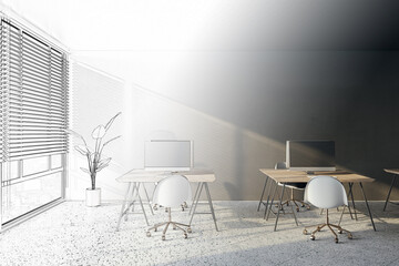 Sketch of modern coworking office interior with window and city view, blinds, workspaces and concrete flooring. 3D Rendering.