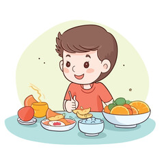 Cute little boy eating healthy food, milk, fruit, meat, vegetable cartoon flat character vector illustration