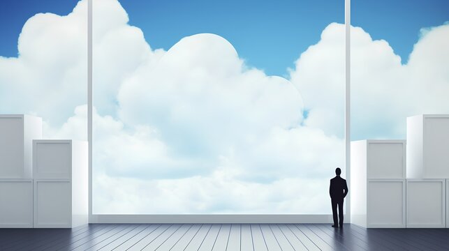 Business person stands in front of an abstract cloud infrastructure, visually representing the concept of modern cloud management and its impact on business operations and strategy. Generative AI