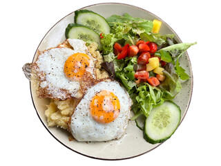 Plate with fried eggs, salad and potato mash isolated on transparency png file