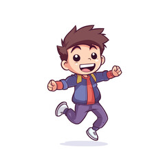 Cute happy little boy jump and rise hand cartoon flat character vector illustration