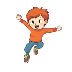 Cute happy little boy jump and rise hand cartoon flat character vector illustration