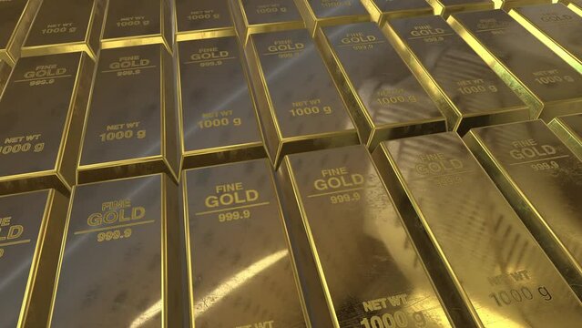 Realistic Gold Bars, Gold bars stacked in a row. Gold bricks bullion bars. camera arcs around gold bars in close up.