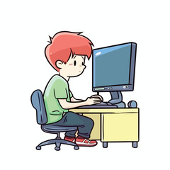 Cute little boy working and studying using computer desktop cartoon flat character vector illustration