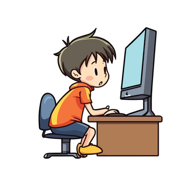 Cute little boy working and studying using computer desktop cartoon flat character vector illustration
