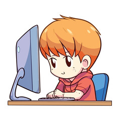 Cute little boy working and studying using computer desktop cartoon flat character vector illustration
