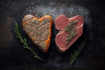 Grilling Two Heart-Shaped Marble Beef Steaks with Spices on a Stone Background. Generative AI