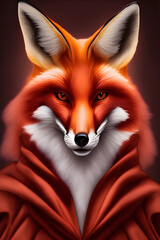 Portrait of a red fox in clothes on a dark background. The head of a beautiful forest animal. Smart look of a dodgy fox, a skillful predator and an elegant animal, generative AI