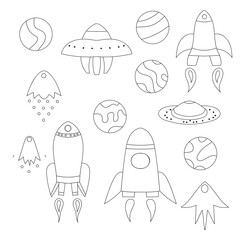 space, planets, rockets, vector outline set
