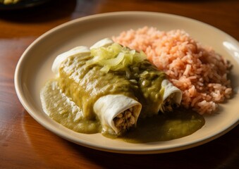 enchiladas with a green tomatillo sauce and a side of rice and beans