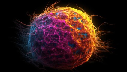 A cancer cell with a yellow glow, Concept of cancer cell attacking body cell. Generative AI.