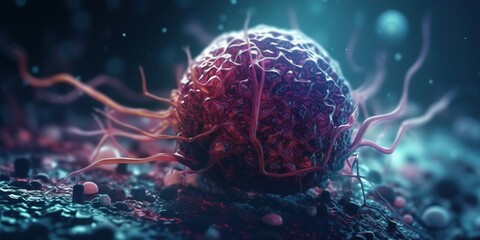 A cancer cell with a yellow glow, Concept of cancer cell attacking body cell. Generative AI.