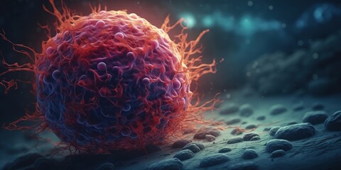Fototapeta A cancer cell with a yellow glow, Concept of cancer cell attacking body cell. Generative AI. obraz
