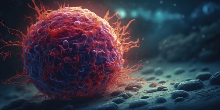 A cancer cell with a yellow glow, Concept of cancer cell attacking body cell. Generative AI.