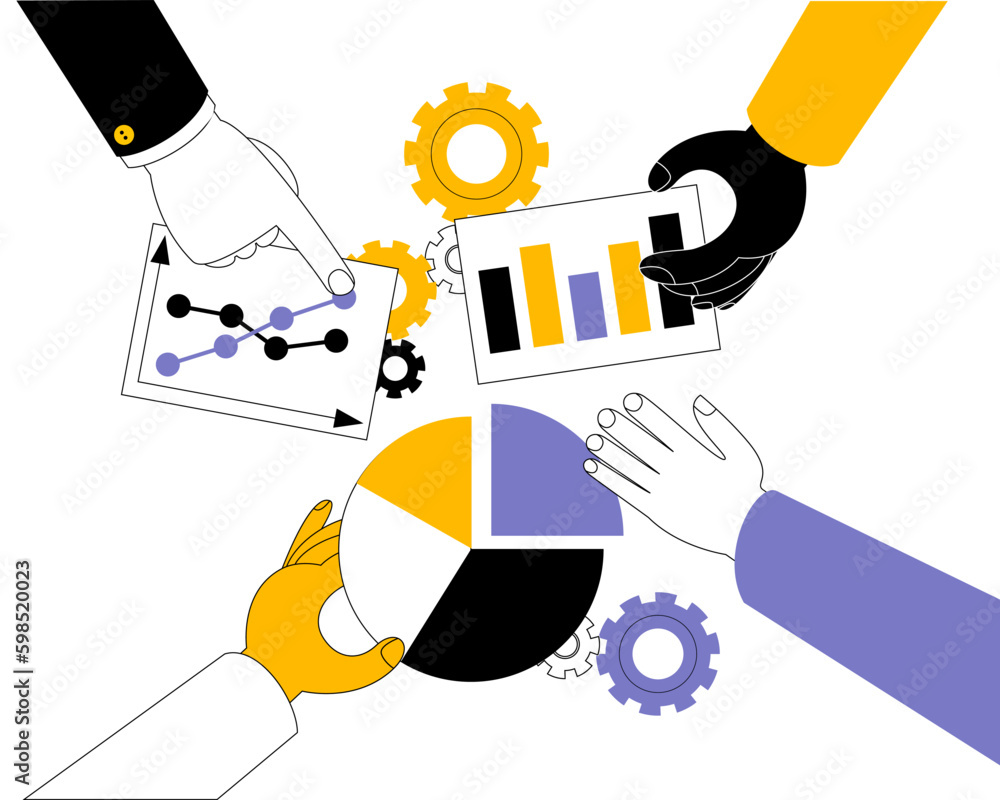 Aufkleber the hands of the team of analysts work with data in the form of various graphs. funny vector illustr