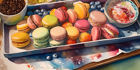 A tray of desserts in a watercolor painting that captures the sweetness and decadence of various treats in vivid colors. Generative AI.