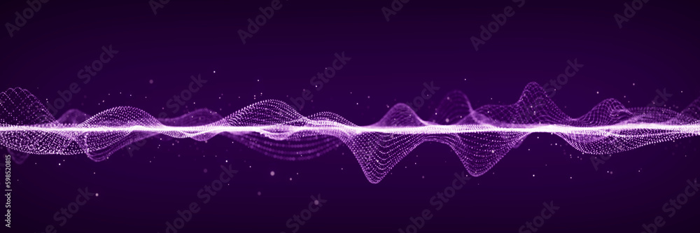 Poster digital dynamic particle wave flow. wavy amplitude sound. futuristic music technology concept. 3d re