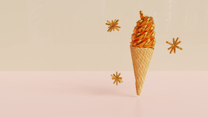 Golden Ice Cream in Waffle Cone, 3D rendering features a delicious golden ice cream, made of ribbed metal, in a crispy waffle cone, with metal stars, a pastel background