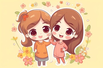happy mothers day vector, beautiful mother and daughter character hand drawn chibi cartoon art illustration, parent and child with orange background, parent and child, mother and baby, Generative AI