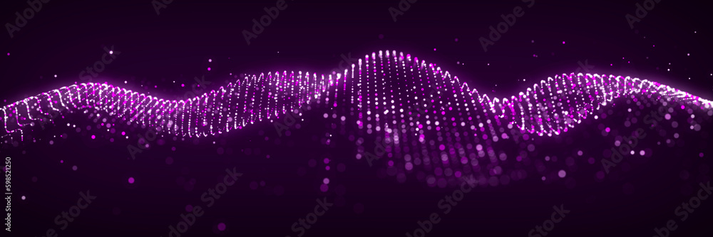 Poster dynamic sound wave. musical particle pulsing. purple energy flow concept. 3d rendering.