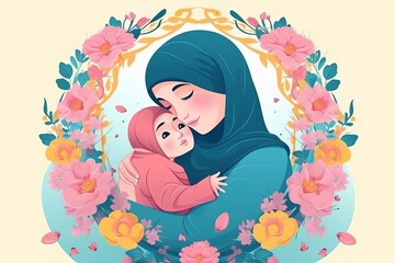 mother's day cute illustration with hijab mom hug baby and floral frame background, parent and child with pink background, Generative AI