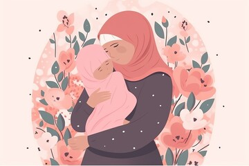 mother's day cute illustration with hijab mom hug baby and floral frame, parent and child with pink background, Generative AI