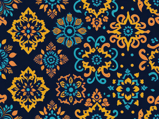 Seamless pattern with floral motifs in blue and yellow colors. AI generated.