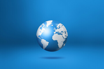 World globe, earth map, isolated on blue. Horizontal background