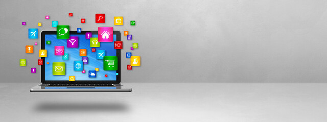 Flying icons around a laptop. Cloud computing concept