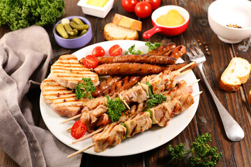 grilled meats- barbecue- pork meat, skewer, sausage