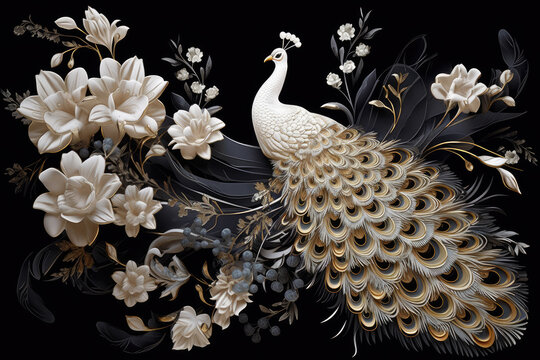 Elegant Golden and White Seamless Floral with Flowers and Peacock Isolated on black Background. Matelic, Italian, Chaines 3D Modern mural art Wallpaper, generative AI