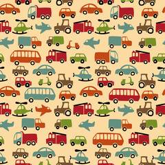 Funny print with vehicles drawn by children. Cute vehicles pattern