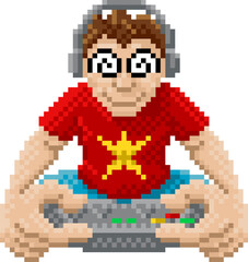 Gamer Playing Video Game Console Pixel Art Cartoon