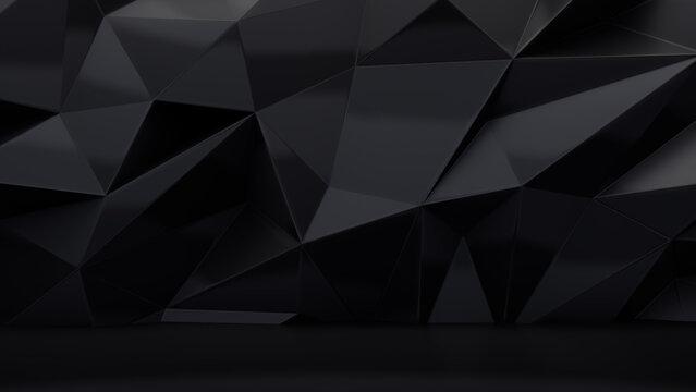 Polygonal 3D Wall Wallpaper with Black Futuristic Surface. Dark 3D Render.