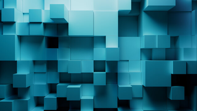 Neatly Arranged Multisized Block Wall. Turquoise and Aqua, Innovative Tech Wallpaper. 3D Render.