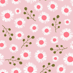 cute white daisy flowers and green leaves seamless vector pattern illustration on pink background