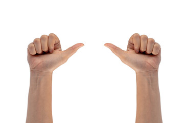 Hand of woman showing thumb-up gesture on white background