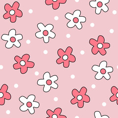 cute white and pink daisy flowers and dots seamless vector pattern illustration on pink background