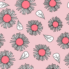 cute white daisy flowers and leaves seamless vector pattern illustration on pink background