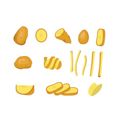 Fototapeta premium Vector Set of Cartoon Potatoes: Raw Sliced Potatoes, French Fries, and Chips. Illustration of Peeled and Chopped Potato Vegetable Products. Ripe and Delicious Potatoes for Food and Vegetable Cartoon