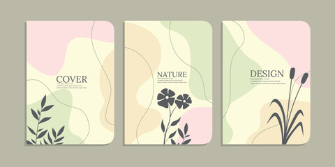 set of book cover designs with hand drawn floral decorations. abstract botanical background.size A4 For notebooks, books, cover, diary, schoolbook, planners, brochures, books, catalogs
