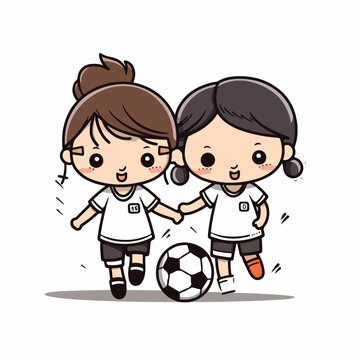 Cute happy little girl playing football soccer cartoon flat character vector illustration