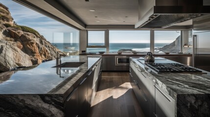 Fototapeta na wymiar Interior of a modern kitchen with a view of the sea. Nobody inside. Generative AI
